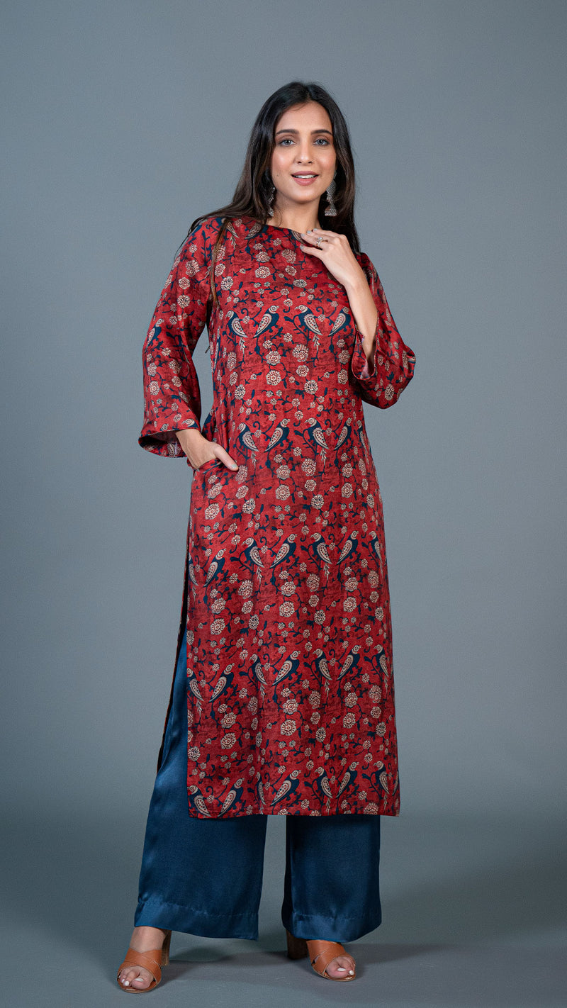 Deep Red Parrot Print Kurta In Modal Silk