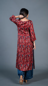 Deep Red Parrot Print Kurta In Modal Silk