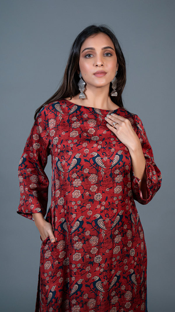 Deep Red Parrot Print Kurta In Modal Silk