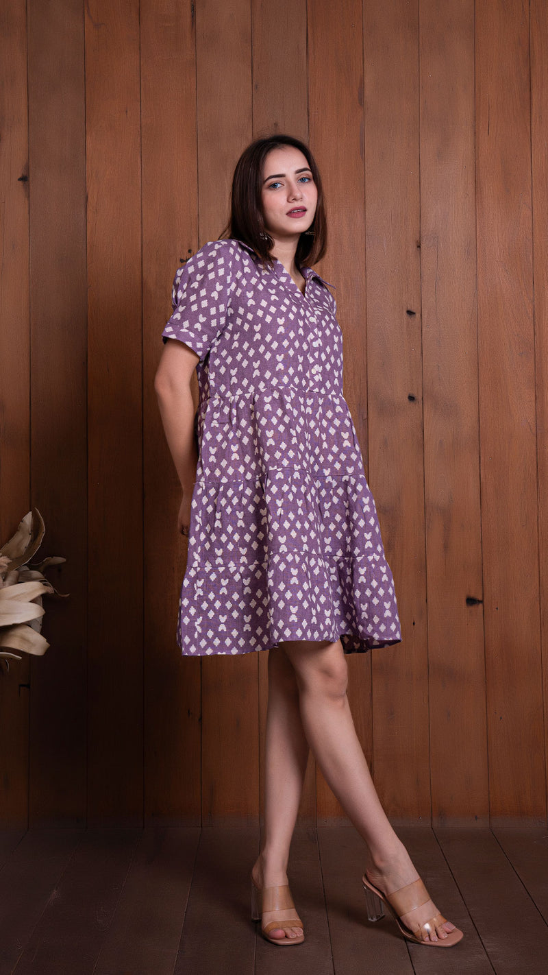 Lavender Geometric Print Pure Linen Tier Dress