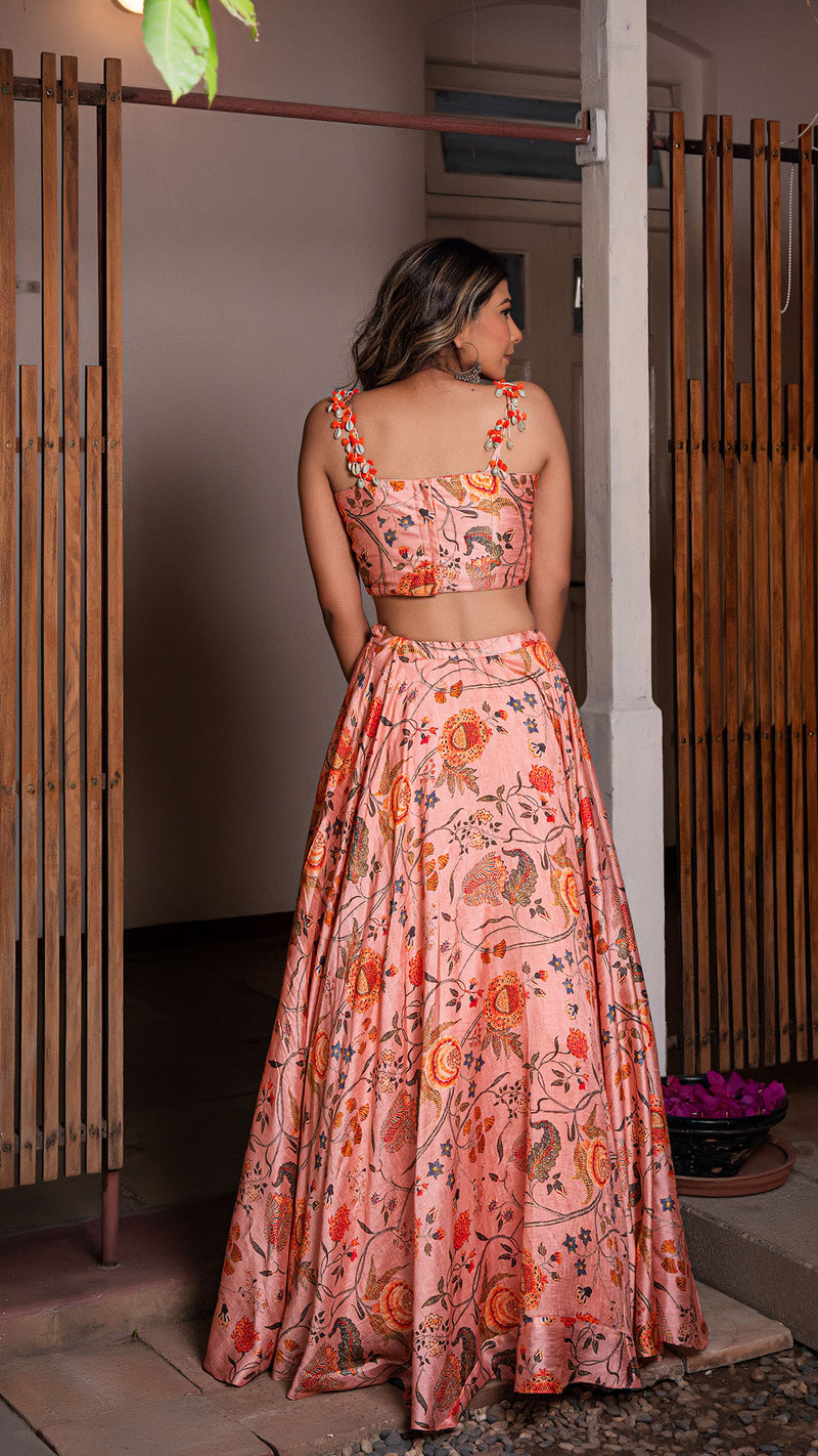 Floral Fantasy Silk Lehenga Set - Peach