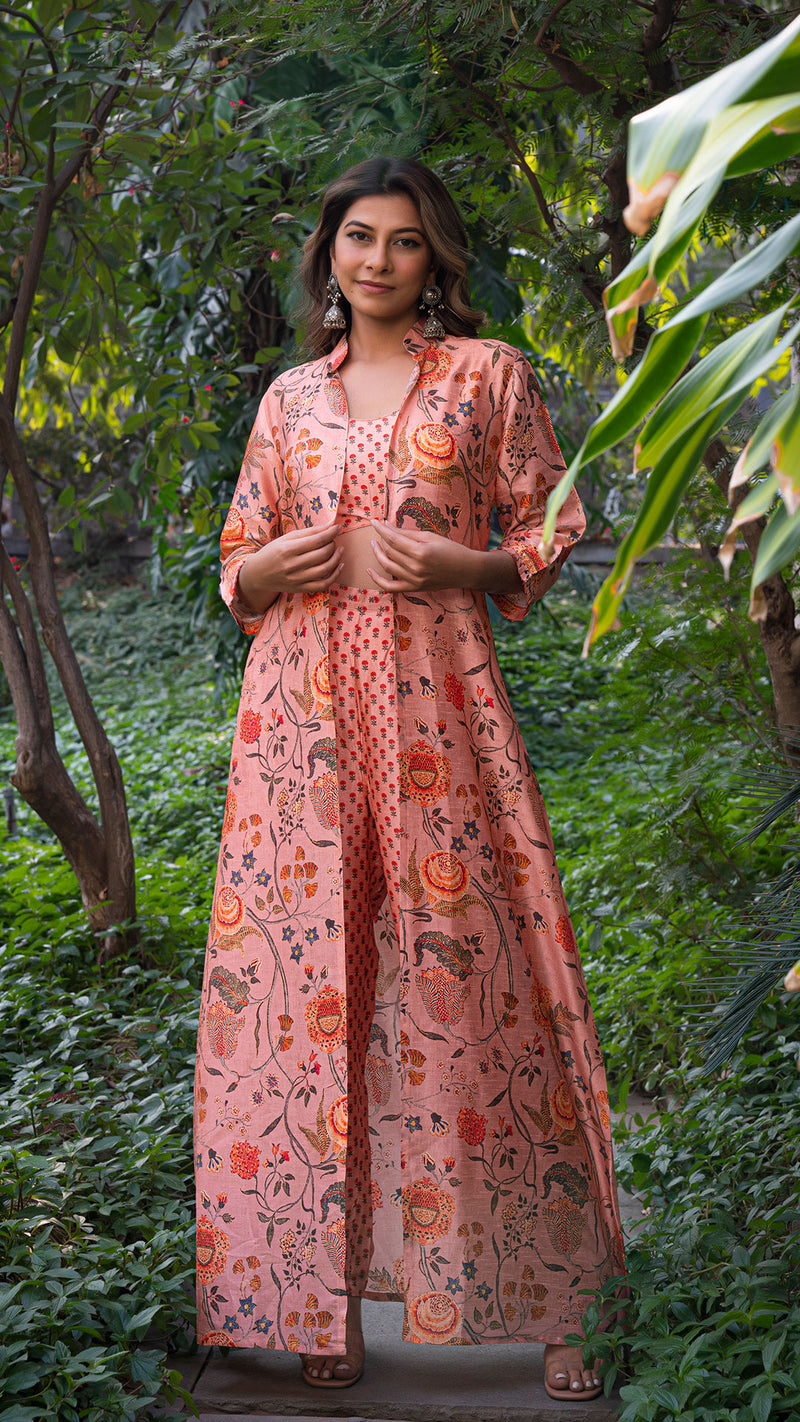 Antara Floral Jaal Jacket In Silk With Small Butti Silk Pants & Crop Top - Peach