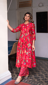 Aafreen Forest Jaal Anarkali Silk Kurta With Small Butti Pants - Red