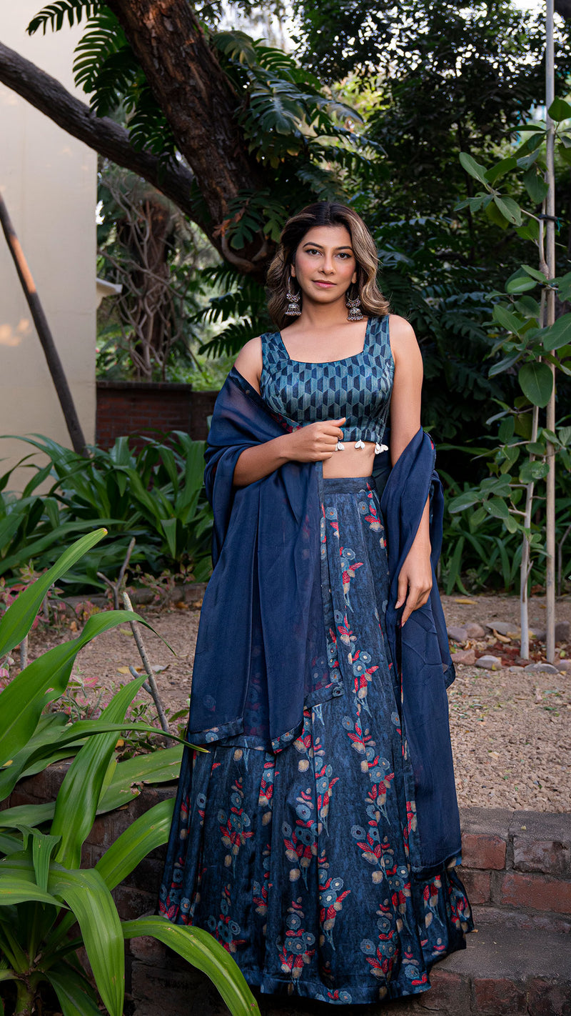 Mughal Flora Silk Lehenga Set - Indigo