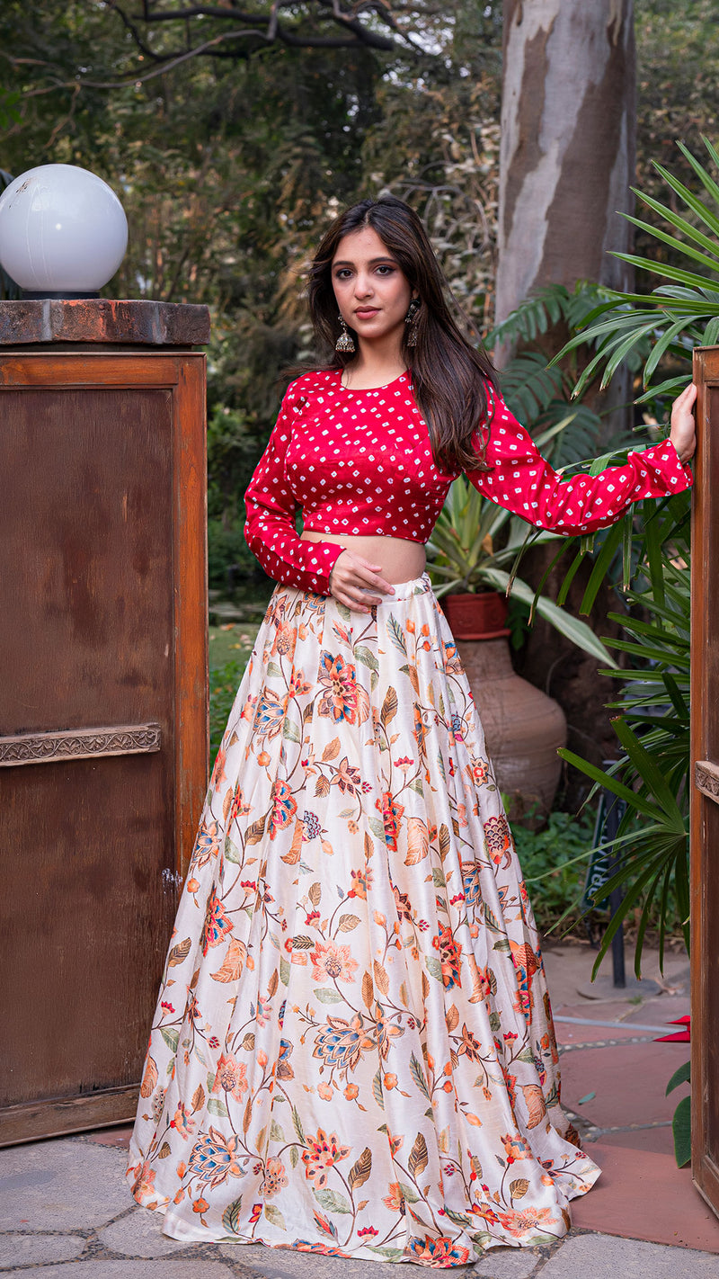 Buy Blue Floral Crepe Indo Western Lehenga With White Crop Top Online