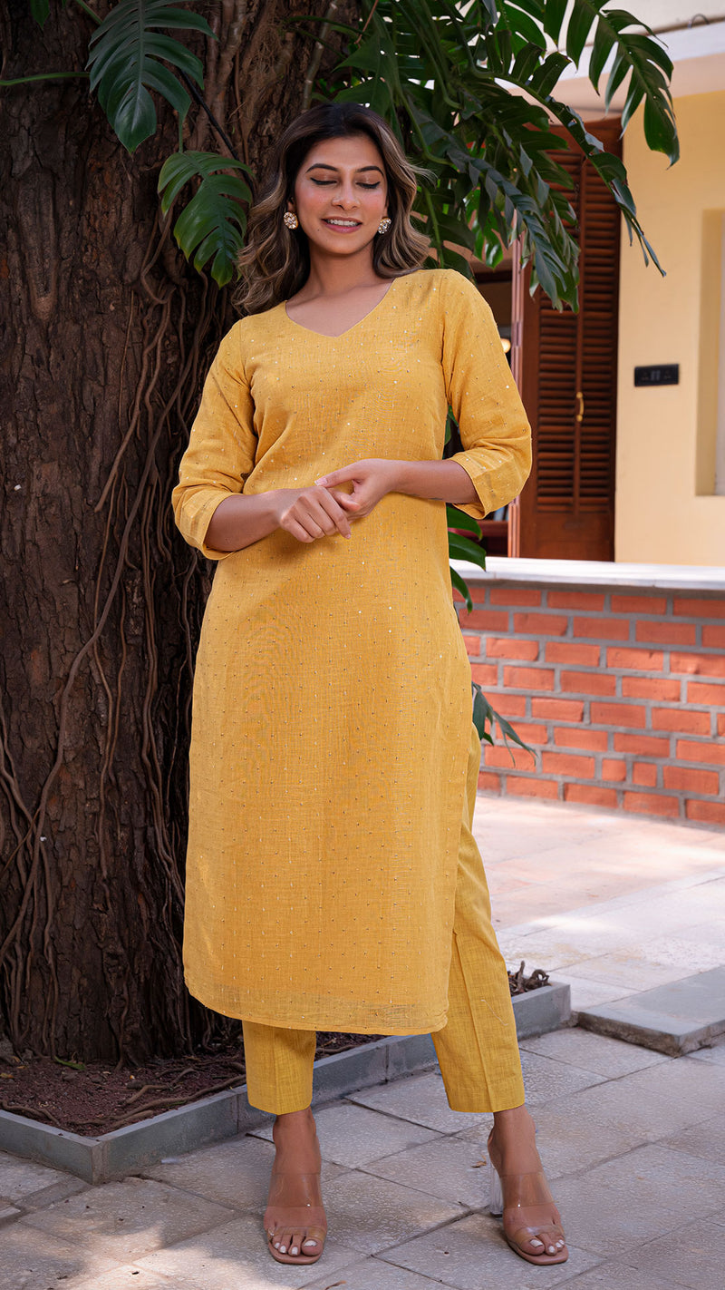 Garima Embellished Pure Linen Kurta + Pants - Mustard Yellow