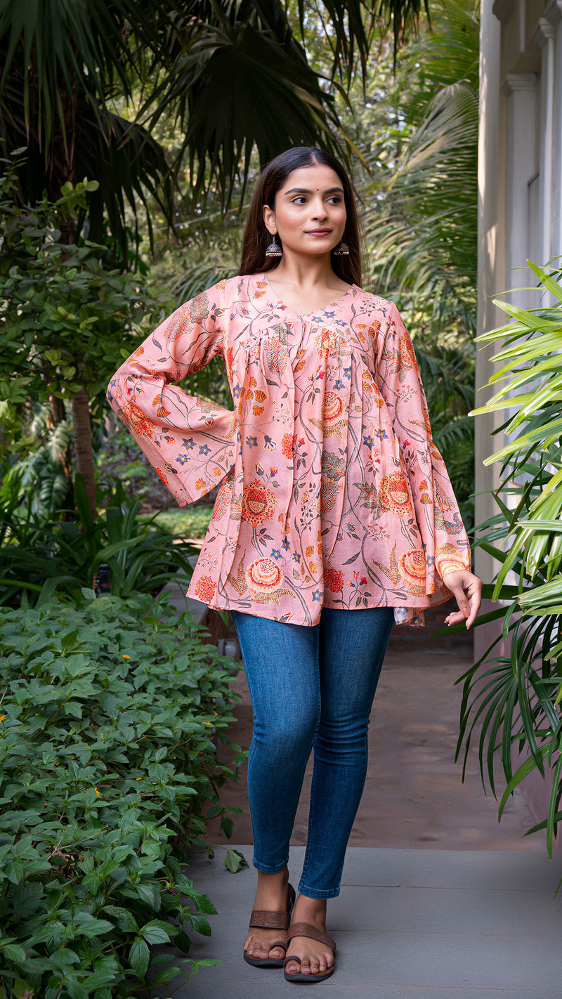 Anuja Floral Jaal Printed Silk Short Top - Peach