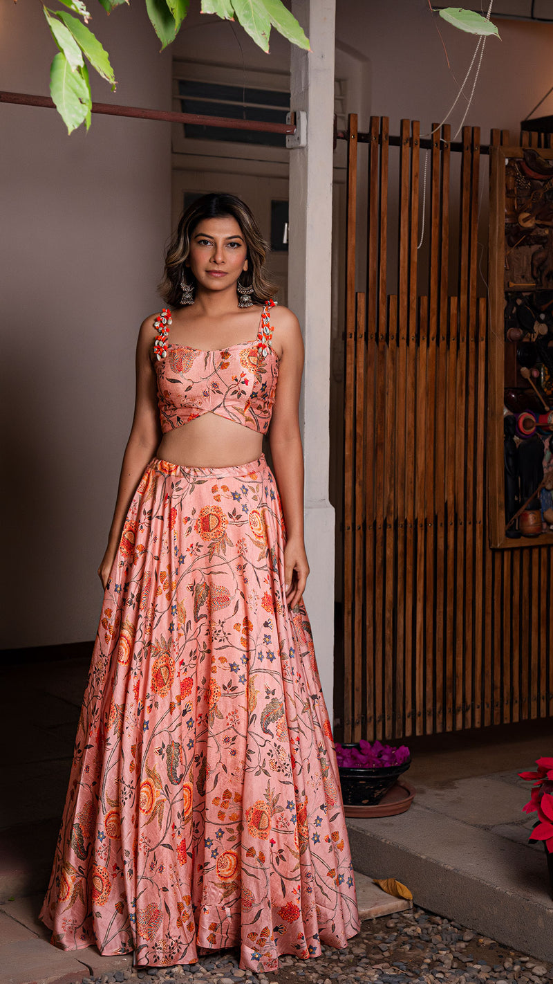 Floral Fantasy Silk Lehenga Set - Peach