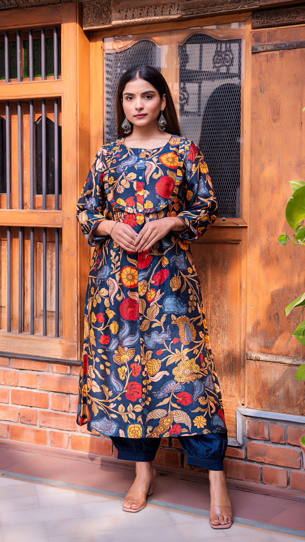 Aniya Kalamkari Silk Kurta + Pants - Dark Blue