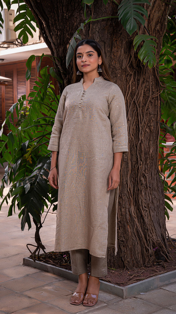 Heena Embellished Pure Linen Kurta + Pants - Slate Grey