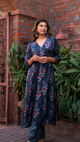 Mughal Flora Double Kali Flared Angarakha Silk Kurta - Blue