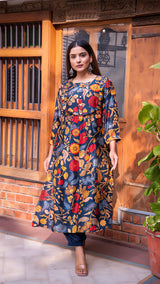 Aniya Kalamkari Silk Kurta + Pants - Dark Blue