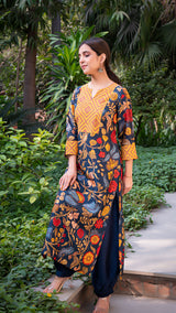 Ananya Kalamkari Silk Straight Kurta + Pants - Dark Blue