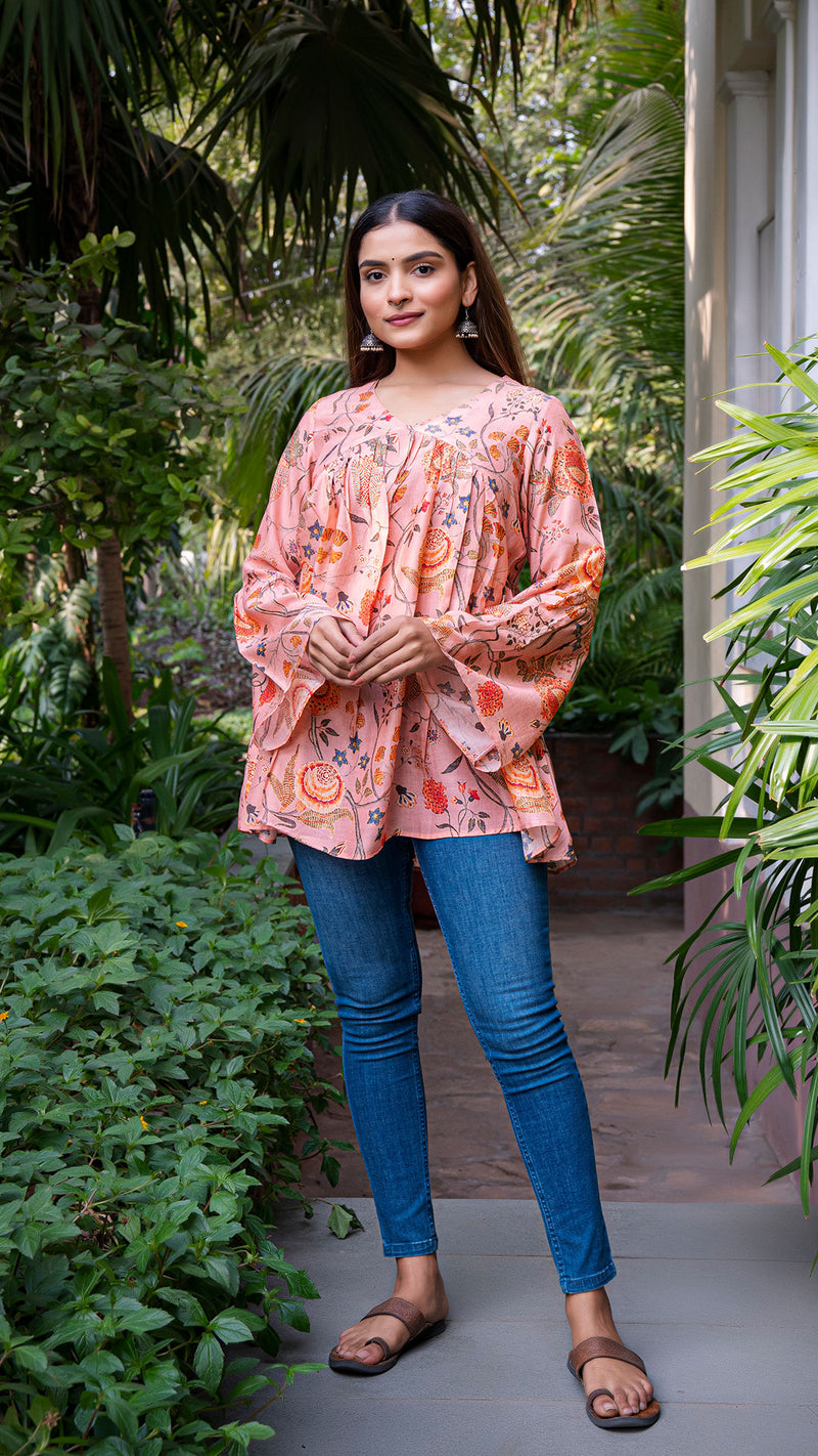 Anuja Floral Jaal Printed Silk Short Top - Peach