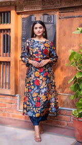 Aniya Kalamkari Silk Kurta + Pants - Dark Blue