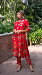 Jaanvi Silk Straight Kurta + Pants - Red