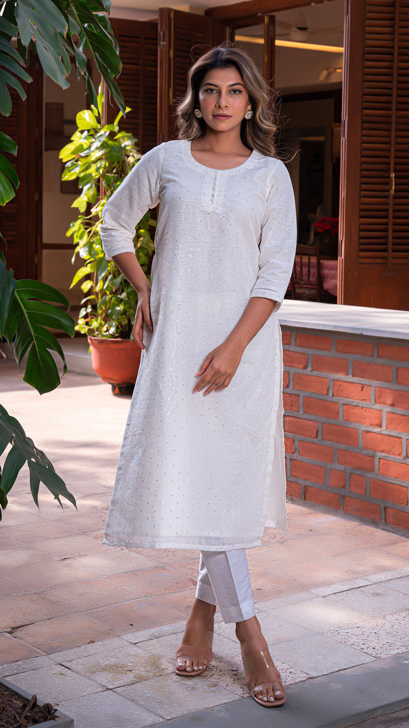 Ganga Embellished Pure Linen Kurta + Pants - Pure White