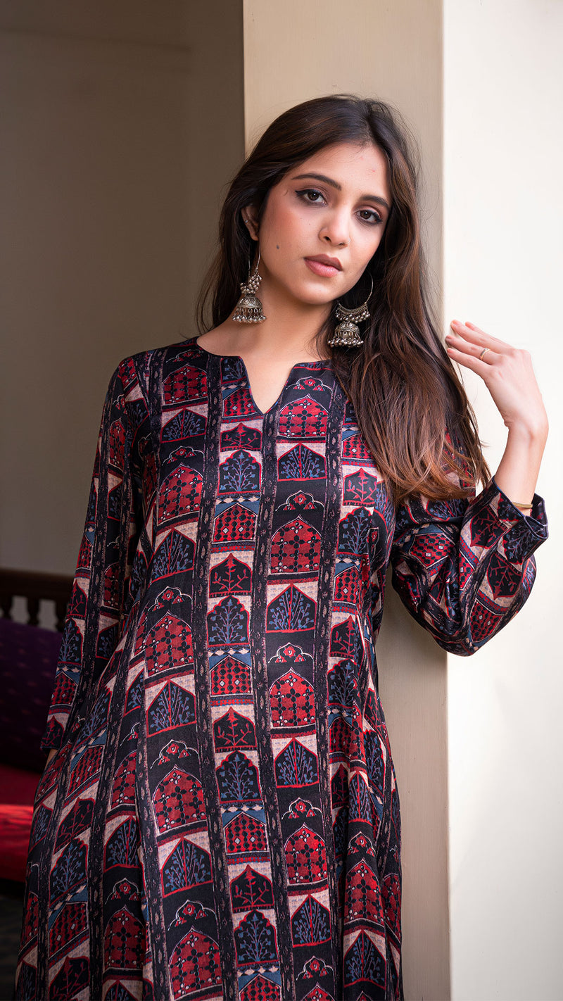 Aashi Printed Kali Silk Kurta - Black