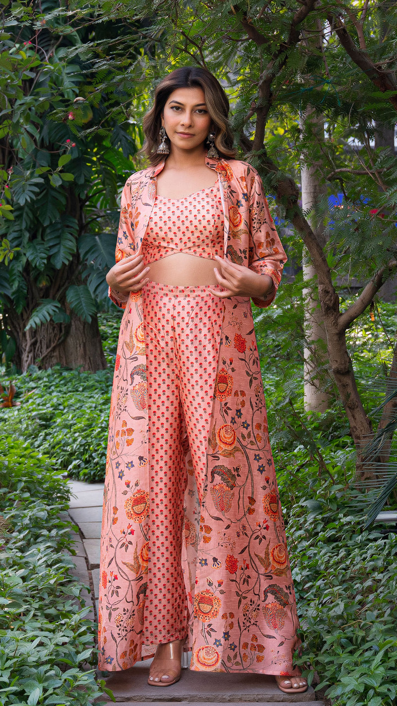 Antara Floral Jaal Jacket In Silk With Small Butti Silk Pants & Crop Top - Peach