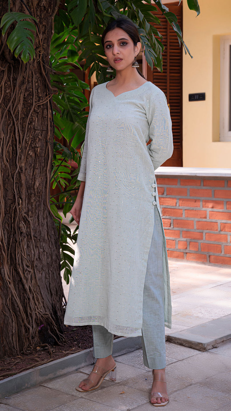 Hrida Embellished Pure Linen Kurta + Pants - Mint Green