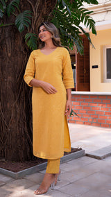 Garima Embellished Pure Linen Kurta + Pants - Mustard Yellow