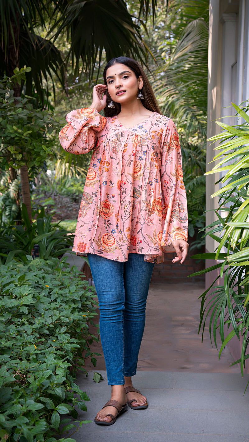 Anuja Floral Jaal Printed Silk Short Top - Peach