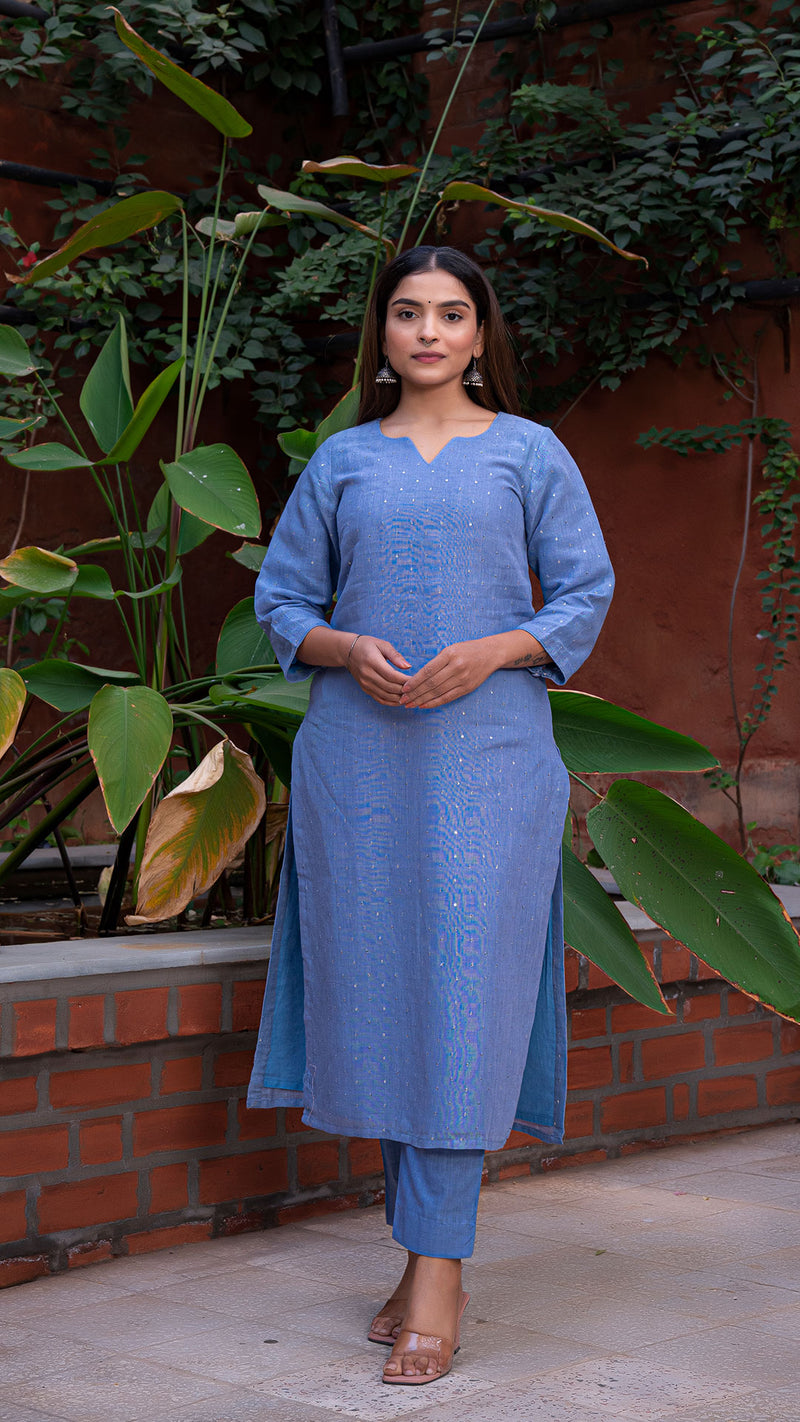 Durga Embellished Pure Linen Kurta + Pants - Pastel Blue