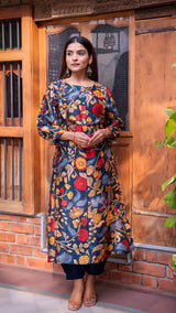 Aniya Kalamkari Silk Kurta + Pants - Dark Blue