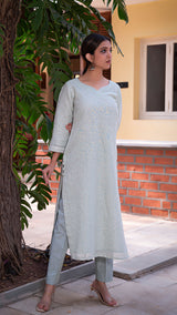 Hrida Embellished Pure Linen Kurta + Pants - Mint Green