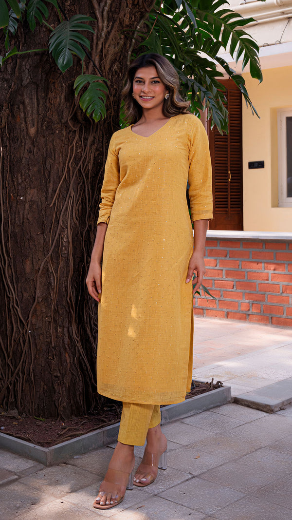 Garima Embellished Pure Linen Kurta + Pants - Mustard Yellow