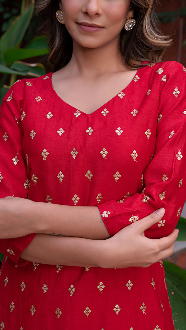 Ekaja Embellished Chanderi Silk Kurta Set in Red