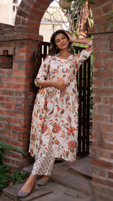 Imara Forest Jaal Silk Kurta With Small Butti Pants - Off White