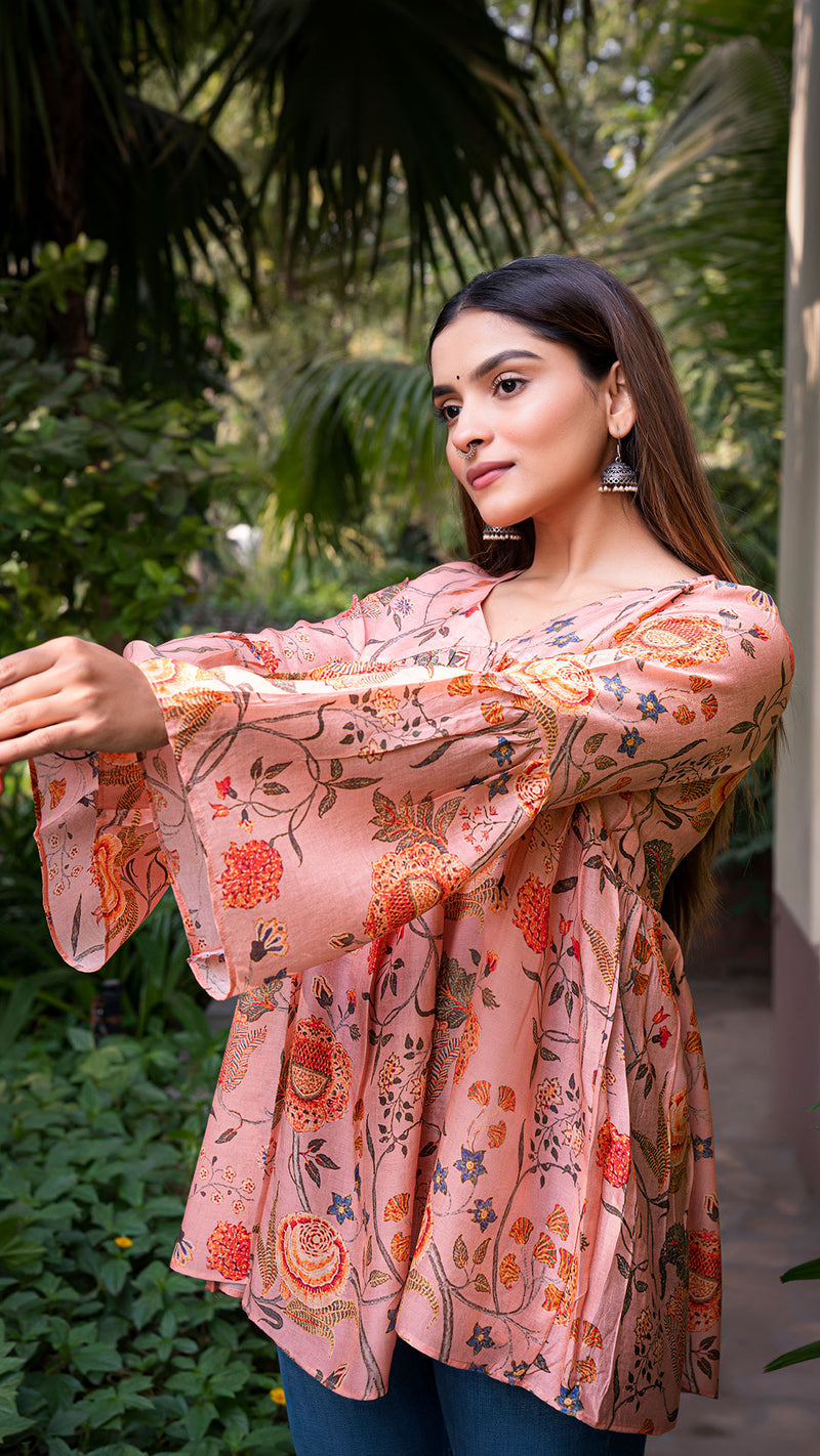 Anuja Floral Jaal Printed Silk Short Top - Peach