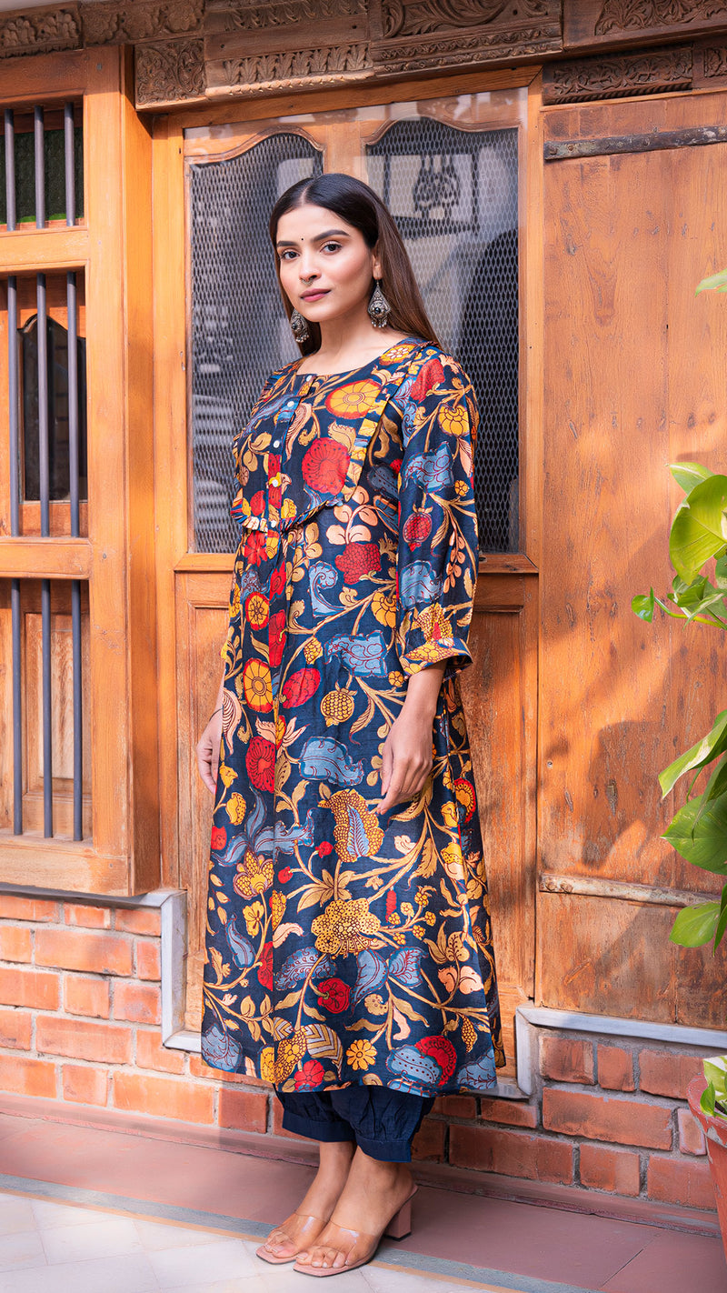 Aniya Kalamkari Silk Kurta + Pants - Dark Blue