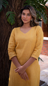 Garima Embellished Pure Linen Kurta + Pants - Mustard Yellow