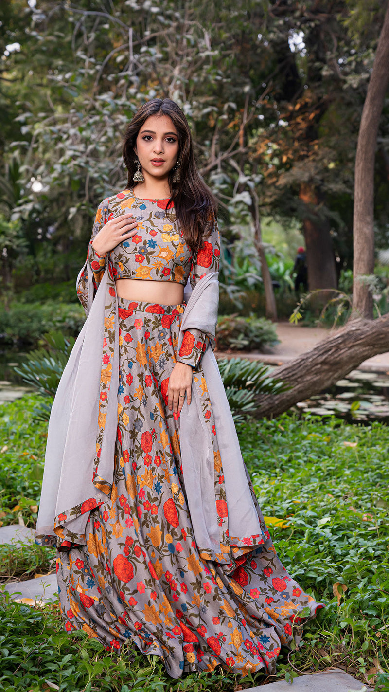 Bold Floral Designed Green x Pink Crop top with Lehenga