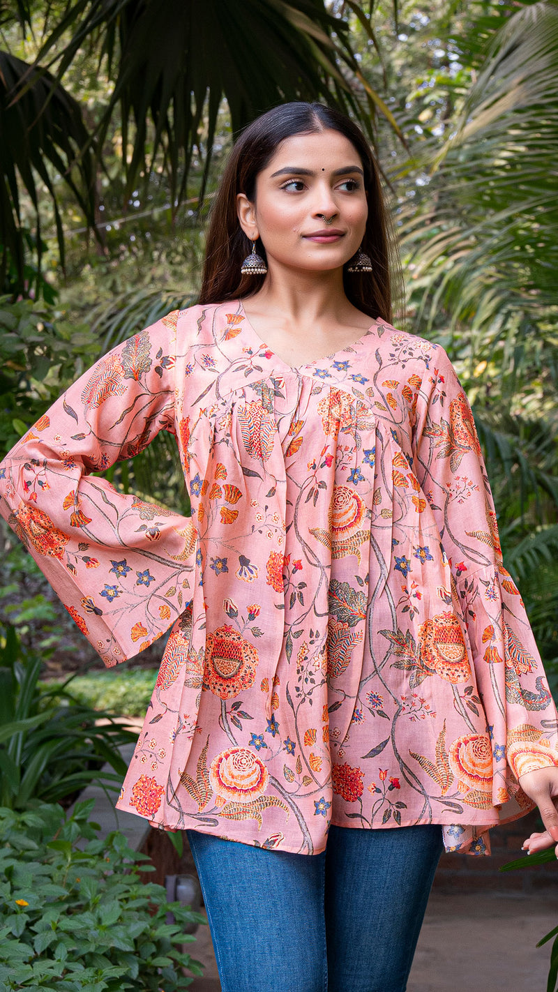 Anuja Floral Jaal Printed Silk Short Top - Peach