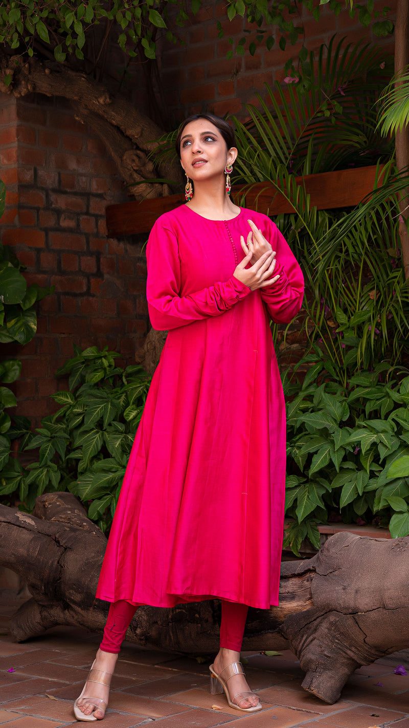 Maahi Chanderi Silk Anarkali Kurta In Rani Pink