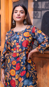 Aniya Kalamkari Silk Kurta + Pants - Dark Blue