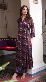 Aashi Printed Kali Silk Kurta - Black