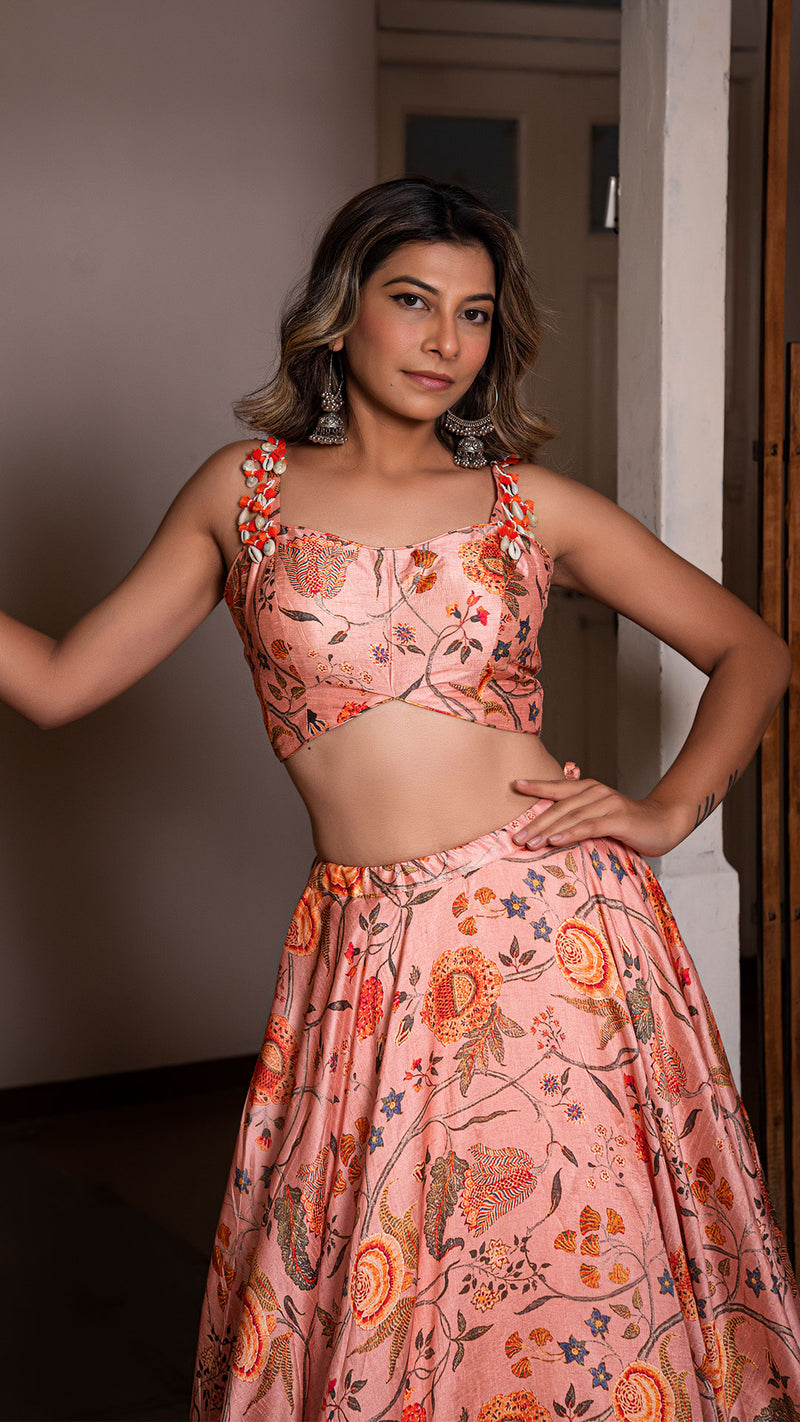 Floral Fantasy Silk Lehenga Set - Peach