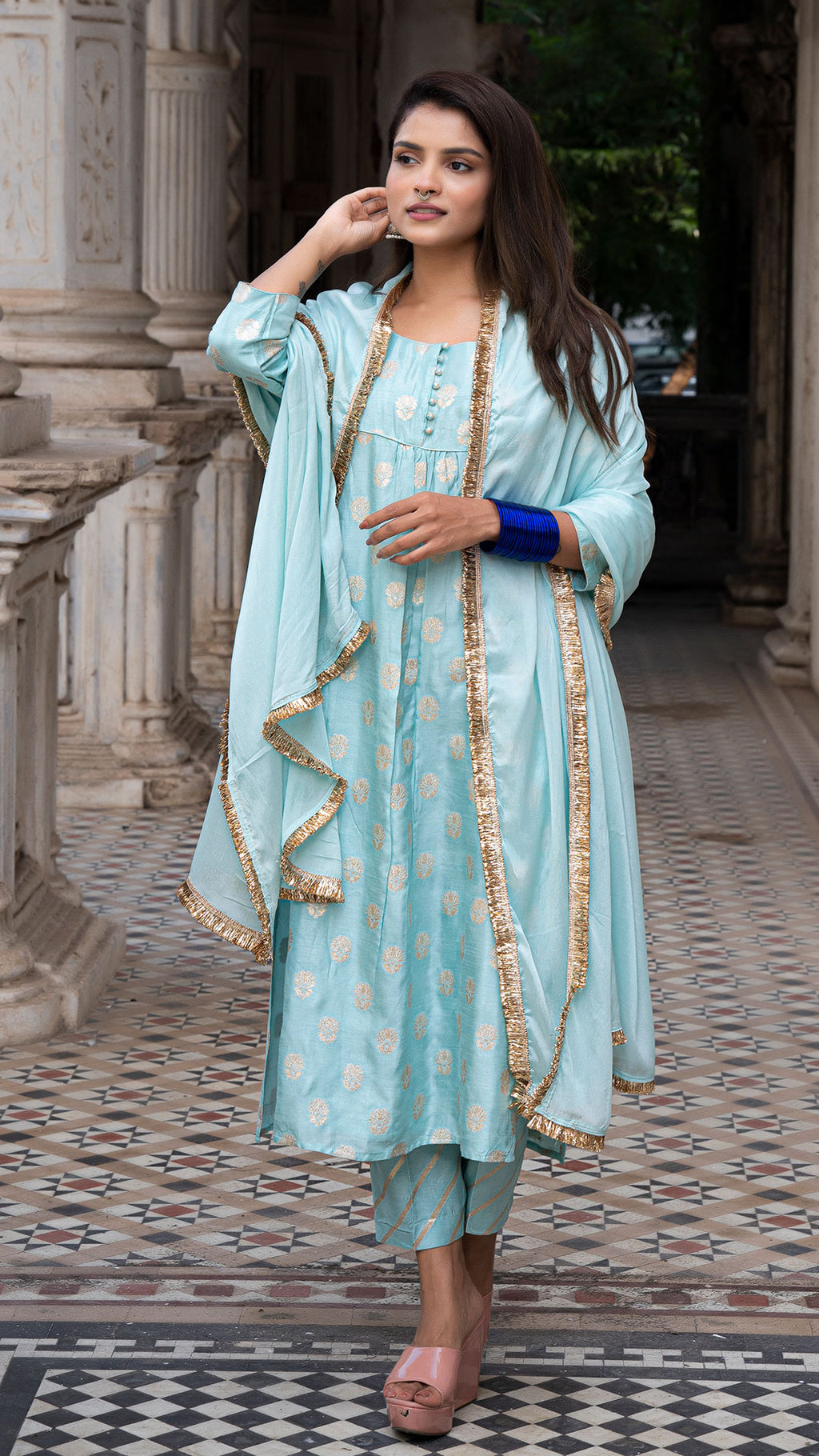 Aaryah Powder Blue Kurta Set In Silk EeshvaIndia