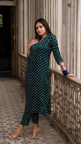 Bandhani Kurta Set In Silk - Dark Green