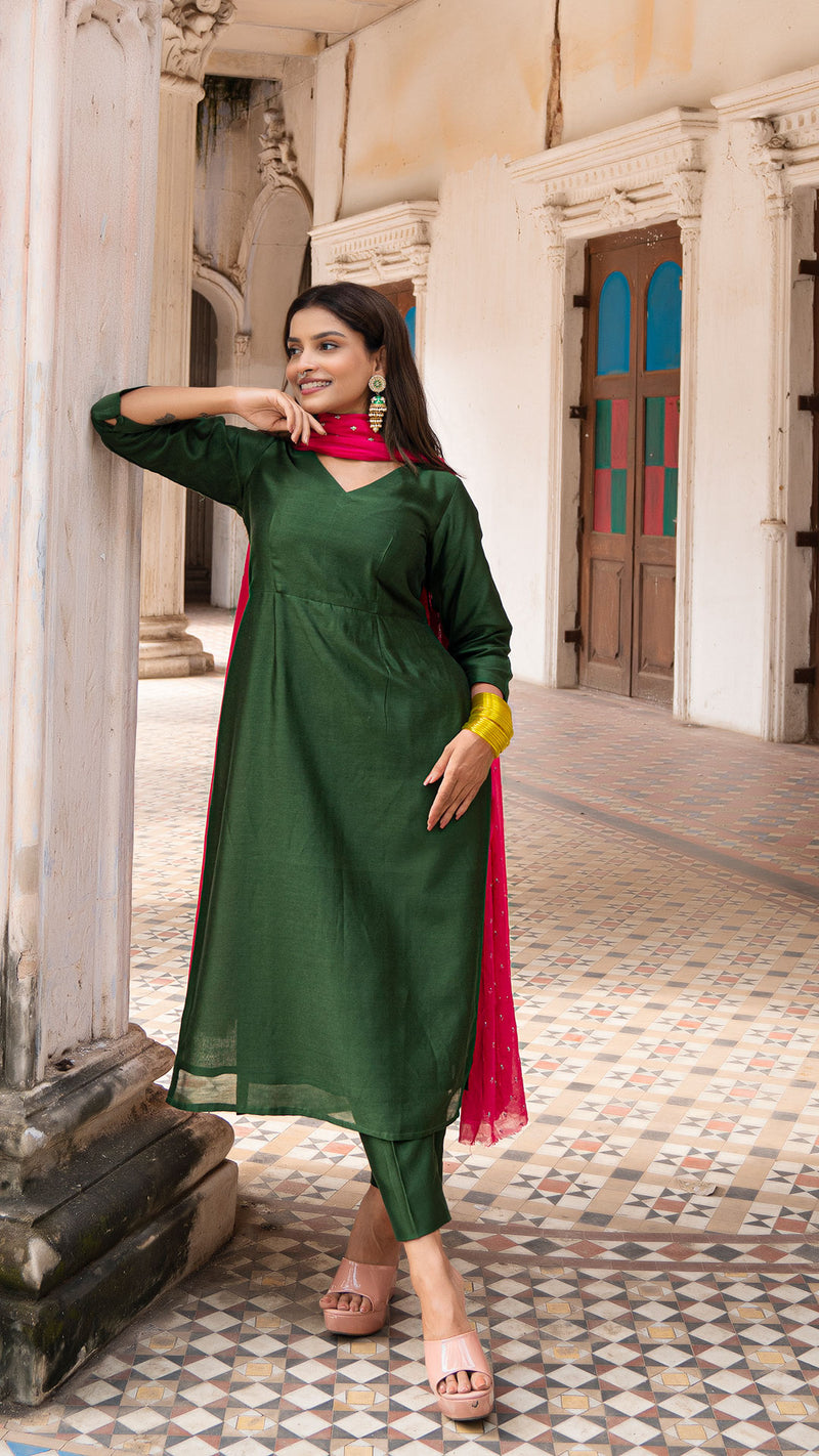 Eerum Chanderi Kurta Set in Green