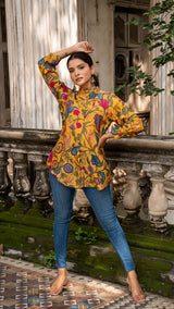 Mihika Kalamkari Short Top In Soft Silk - Mustard Yellow