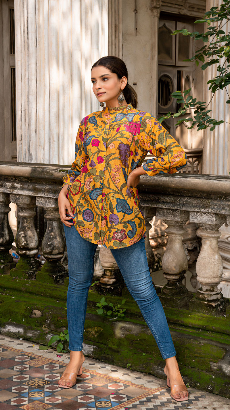 Mihika Kalamkari Short Top In Soft Silk - Mustard Yellow