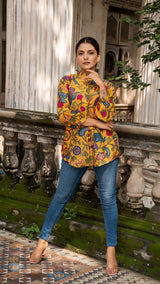 Mihika Kalamkari Short Top In Soft Silk - Mustard Yellow