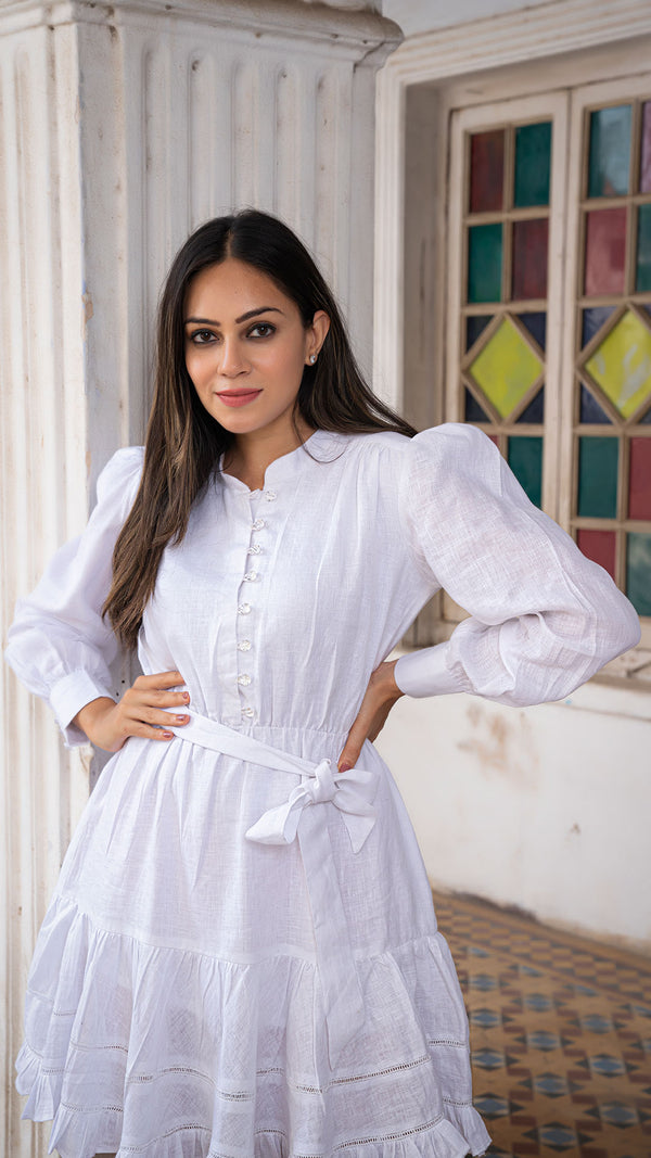 Sania Pure Linen Dress In White