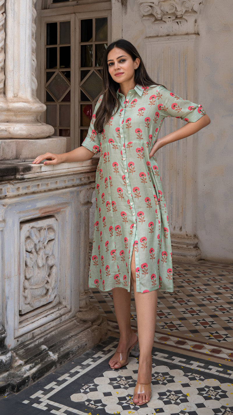 Aanya Cotton Silk Dress - Powder Green