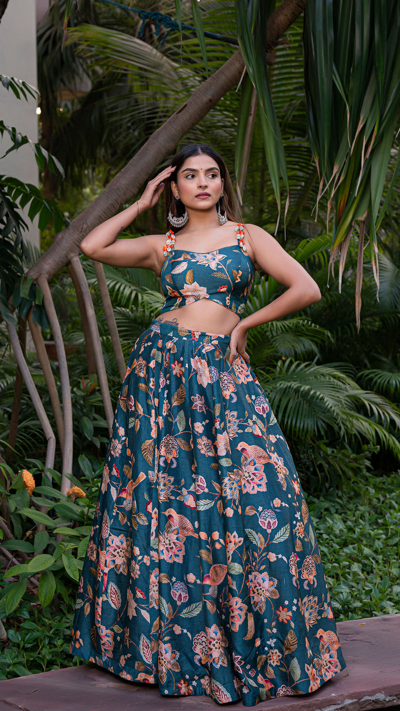 Birds of Paradise Silk Lehenga Set - Teal